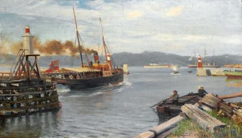 Nils Hansteen Fjordabat stevner ut Trondheim havn France oil painting art